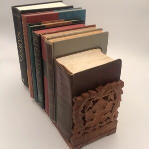 VTG Wood Hand‎ Carved Slider Bookends Made in India
